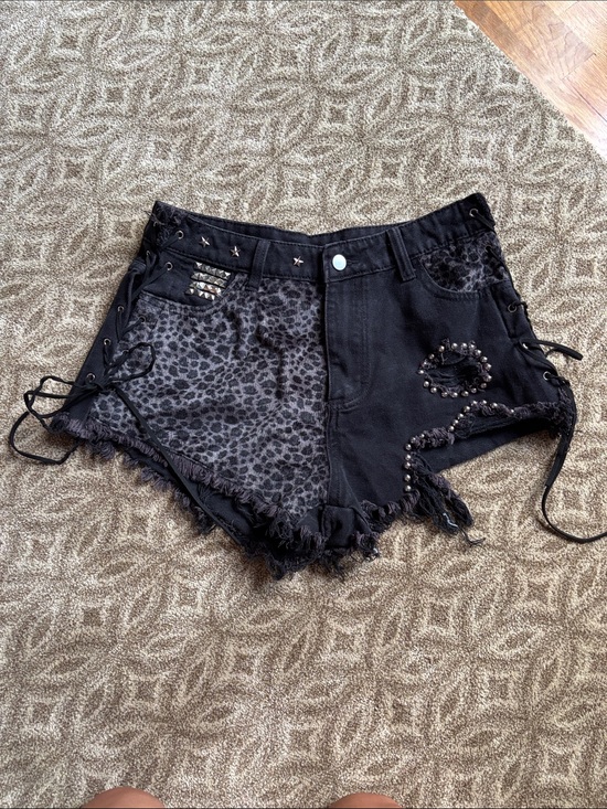 ROMWE Pants - Romwe Black Distressed Denim Shorts with Studs & Leopard Patch